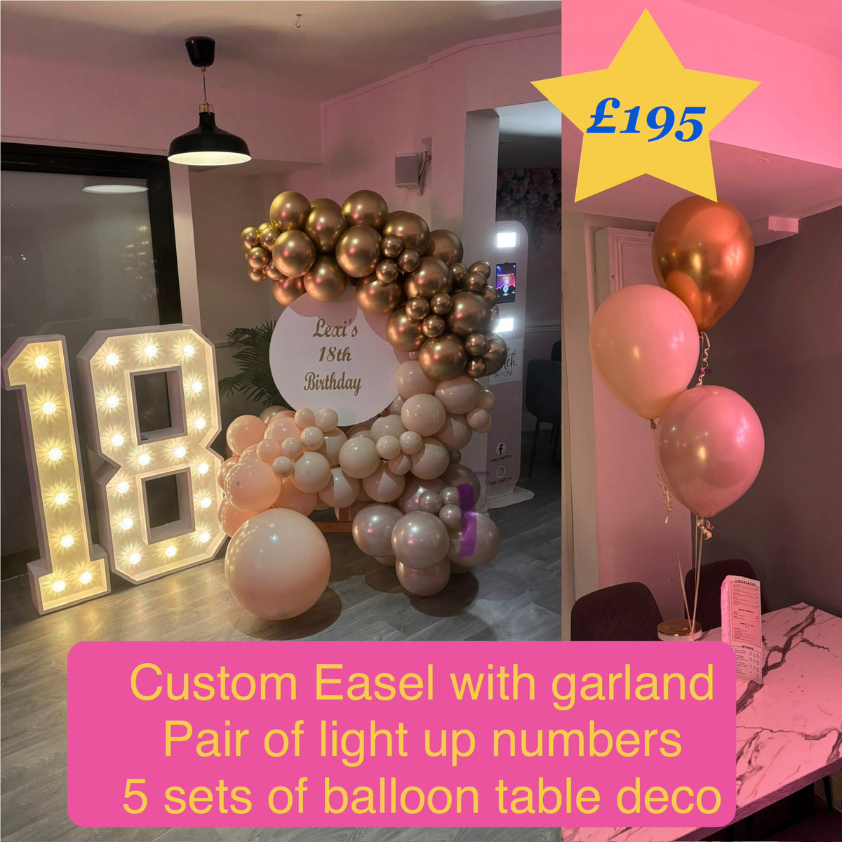 Easel, garland, a pair of LED light up numbers and 5 sets of table deco