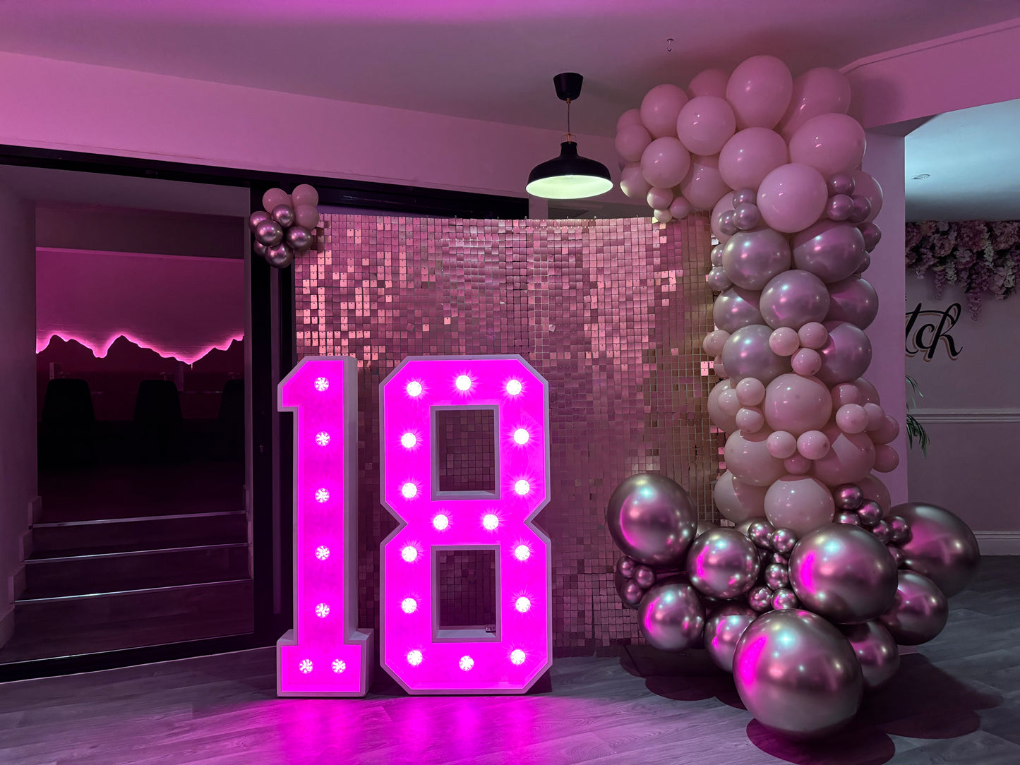Sequin wall, balloon garland and number hire