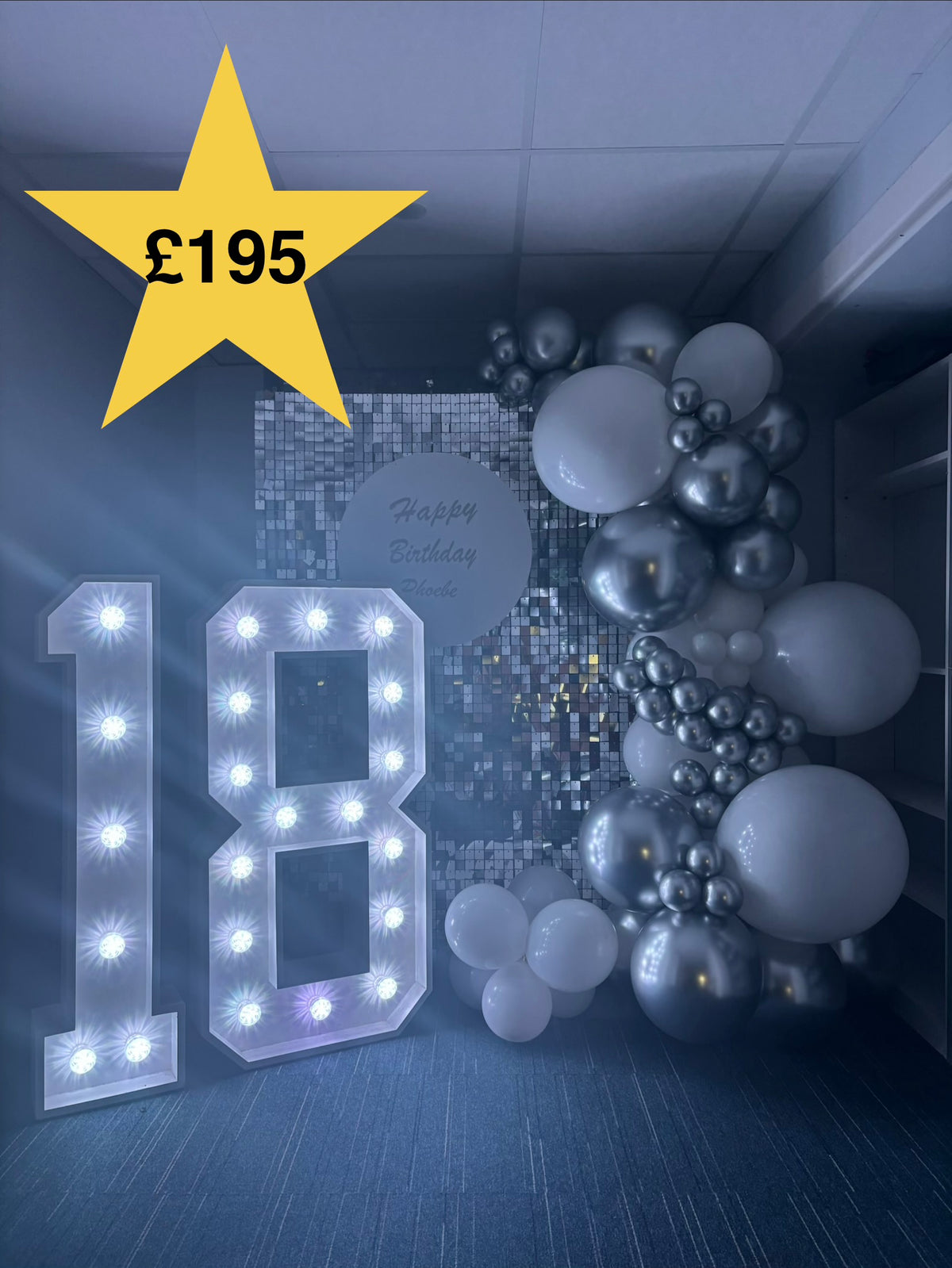 Sequin wall, message plinth, garland, a pair of LED light up numbers hire package