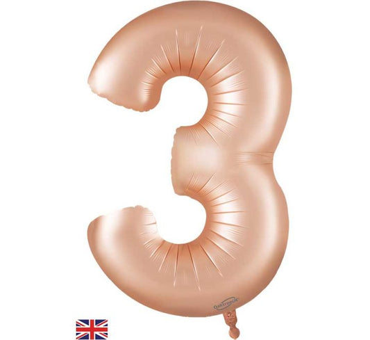 Oaktree 34in NUMBER 3 SATIN PASTEL ROSE JUMBO FOIL BALLOON