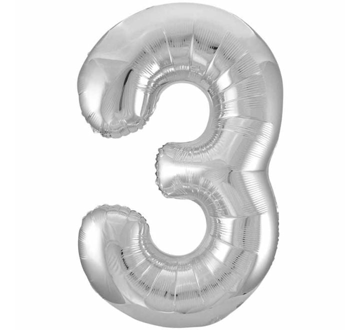 Unique 34in SILVER NUMBER 3 FOIL BALLOON